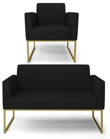 Sofá Namoradeira com Poltrona Base Industrial Dourado Marisa Linho D03 - D'Rossi - A79 Preto