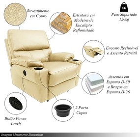 Poltrona do Papai Sala de Cinema Mia Reclinável Retrátil Power Elétrico Base Fixa Couro Creme G40 - Gran Belo