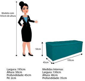 Calçadeira Estofada Manchester 195 cm King Size Suede Azul Turquesa - ADJ Decor