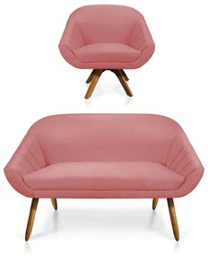 Kit 01 Namoradeira 02 Lugares e 01 Poltrona Giratória Giovana Suede Base Madeira MM30 - D'Rossi - Rose