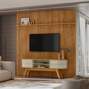 Painel TV 75 Pol 238cm Ripado Kalven com Rack Bancada Enzari Cumaru/Opala M20 - D'Rossi