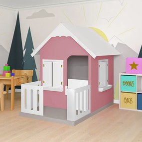 Casinha De Brinquedo Com Cercado Floreiros MDF Rosa/Branco L12 - Gran Belo