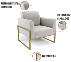 Kit 2 Poltronas Base Industrial Alta Dourado Marisa Veludo D03 - D'Rossi - Cinza
