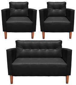 Kit 1 Sofá Namoradeira e 2 Poltronas Livia Corino Pés Chanfrado Castanho - D'Rossi - Preto