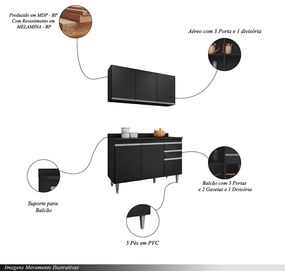 Conjunto Balcão de Cozinha Pursat com Tampo e Armário Aéreo MDP/BP Preto G96 - Gran Belo