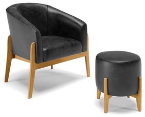 Poltrona com Puff Base de Madeira Stella Sintético PU D03 - D'Rossi - Preto