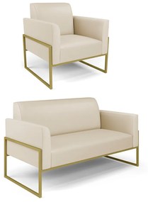 Sofá Namoradeira com Poltrona Base Industrial Alta Dourado Marisa Corino D03 - D'Rossi - Bege