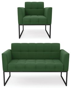 Kit 1 Sofá Namoradeira e 1 Poltrona Elisa Suede Base Metálica Industrial Preto - D'Rossi - Verde