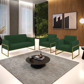 Sofá Namoradeira com 2 Poltronas Base Industrial Alta Dourado Marisa Veludo D03 - D'Rossi - Verde