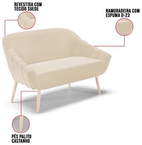 Kit 01 Namoradeira 02 Lugares e 01 Poltrona Giovana Suede Pés Palito Natural D01 - D'Rossi - Bege