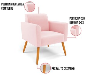 Poltrona Pés Palito Castanho Marisa Suede - Rosa Bebê