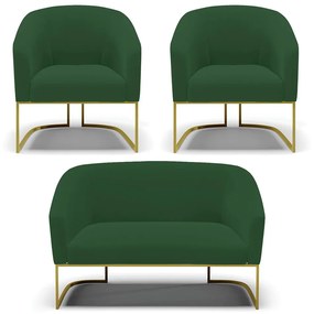 Namoradeira e 2 Poltronas Industrial Dourado Stella Veludo D03 - D'Rossi - Verde