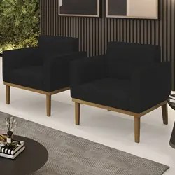 Poltrona Base Madeira Castanho Kit 2 Ana Linho Preto - Ibiza