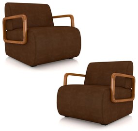 Kit 2 Poltronas Decorativa Sala de Estar Odessa Braços em Madeira PU Marrom G33 - Gran Belo