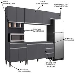 Cozinha Modulada 4 Peças Balcão com Tampo 120cm Andréia Cinza- AJL Móv