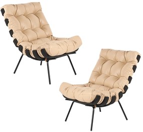 Kit 2 Poltrona Decorativa Sala de Estar Costela Base Preta Couro Bege G34 - Gran Belo
