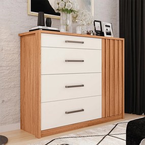 Cômoda Ripado Yana 136cm com 1 Porta 4 Gavetas Puxador Alumínio MDP Freijo/OffWhite G11 - Gran Belo
