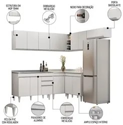 Armário de Cozinha Modulado de Canto 7 Peças CP21 com Pia Inox Branco