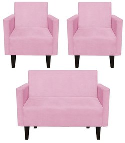 Kit Namoradeira 02 Lugares e 02 Poltronas Jade Suede Rosa Bebê Pés Chanfrado Tabaco - D'Rossi