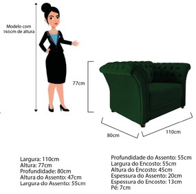 Poltrona Decorativa Chesterfield Sofia Suede Verde - ADJ Decor