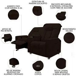 Poltrona Reclinável Para Cinema 2 Lugares Praddo FH9 Veludo Marrom - M