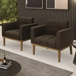 Poltrona Base Madeira Castanho Kit 2 Ana Suede Marrom - Ibiza