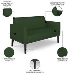 Sofá Namoradeira e 2 Poltronas Base Madeira Preto Maressa Veludo Luxo
