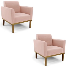 Kit 2 Poltronas Base de Madeira Fixa Castanho Marisa Veludo - Rose