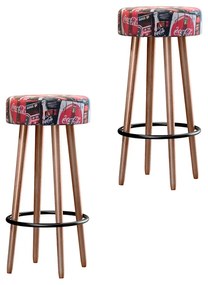 Kit 2 Banquetas Redondas Berlin Pés Palito Suede Estampado Cola - Sheep Estofados - Colorido