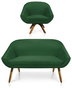 Kit 01 Namoradeira 02 Lugares e 01 Poltrona Giratória Giovana Suede Base Madeira MM30 - D'Rossi - Verde