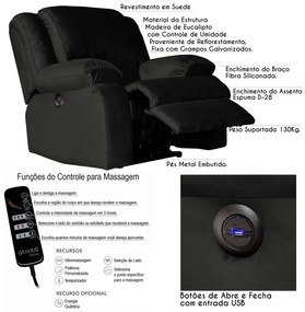 Poltrona do Papai Reclinável Elétrica com Massagem e USB Magnum Veludo Marrom G23 - Gran Belo