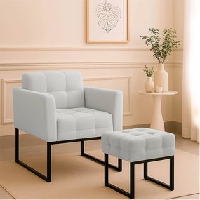Poltrona Sala e Puff Decorativo Industrial Elisa Veludo D03 - D'Rossi - Cinza