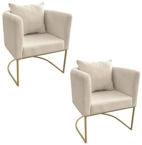 Kit 02 Poltronas Paola Linho Base Metálica Dourado D03 - D'Rossi - Grosso Bege A19