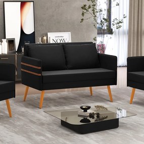 Namoradeira 02 Lugares Mari Suede Preto Pés Palito Castanho - D'Rossi