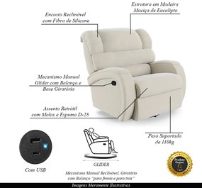 Poltrona do Papai Sala de Cinema Reclinável Kylie Glider Manual Giratória USB Veludo Bege G23