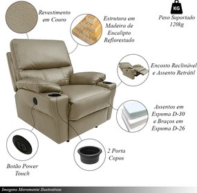 Poltrona do Papai Sala de Cinema Mia Reclinável Retrátil Power Elétrico Base Fixa Couro Avelã G40 - Gran Belo