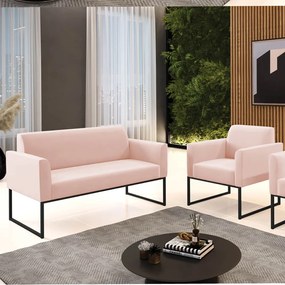 Sofá Namoradeira com Poltrona Base Industrial Preto Marisa Veludo   - Rose
