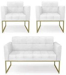 Sofá Namoradeira e 2 Poltronas Base Industrial Dourado Ana Sintético P