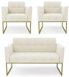 Sofá Namoradeira e 2 Poltronas Base Industrial Dourado Ana Veludo Bege