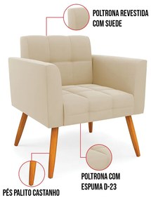 Kit 1 Sofá Namoradeira e 1 Poltrona Elisa Suede Pés Palito Castanho D03 - D'Rossi - Bege