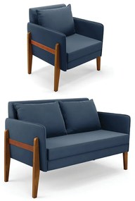Kit 1 Sofá Namoradeira e 1 Poltrona Lana Suede Azul Marinho Base de Madeira - D'Rossi