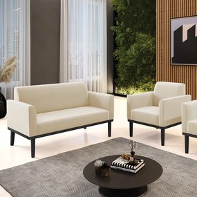 Conjunto Poltrona e Namoradeira Decorativa Isabella Pés Fixo em Madeira Preto Suede Bege G19 - Gran Belo