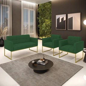 Kit 1 Sofá Namoradeira e 2 Poltronas Elisa Veludo Verde Base Metálica Industrial Dourado - D'Rossi