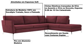 Sofá de Canto Chaise Direito 287 cm Olívia Suede Bordô G52 - Gran Belo
