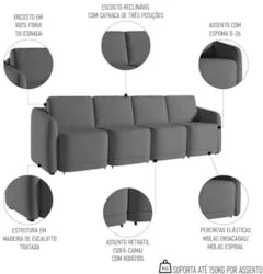 Sofá Cama Casal para Sala 436cm Polska Z08 Veludo Cinza Escuro - Mpoze