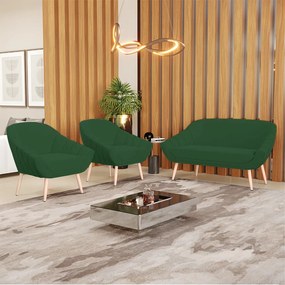 Kit 01 Namoradeira 02 Lugares e 02 Poltronas Giovana Veludo Pés Palito Natural - Indo Decorar - Verde