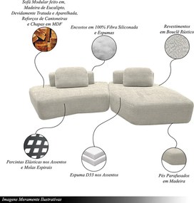 Sofá Ilha Sala de Estar Modulado Dakota com Chaise Encosto Almofadas Soltas Bouclê Rústico Greige G33 - Gran Belo
