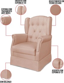 Poltrona de Amamentação com Balanço e Puff Elyra Veludo P02 - D'Rossi - Rose