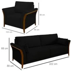 Kit Sofá Living 3 Lugares e Poltrona 102cm Pés Madeira Roya Z32 Veludo