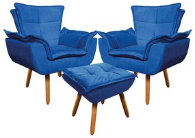 02 Poltronas e 01 Puff Pé Palito de Madeira Opala Suede - Azul Royal